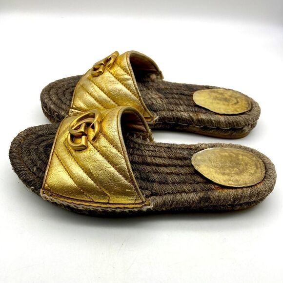 Authentic Gucci Quilted Leather Espadrille Sandals Size 35,5 Gold Color - Picture 3 of 13